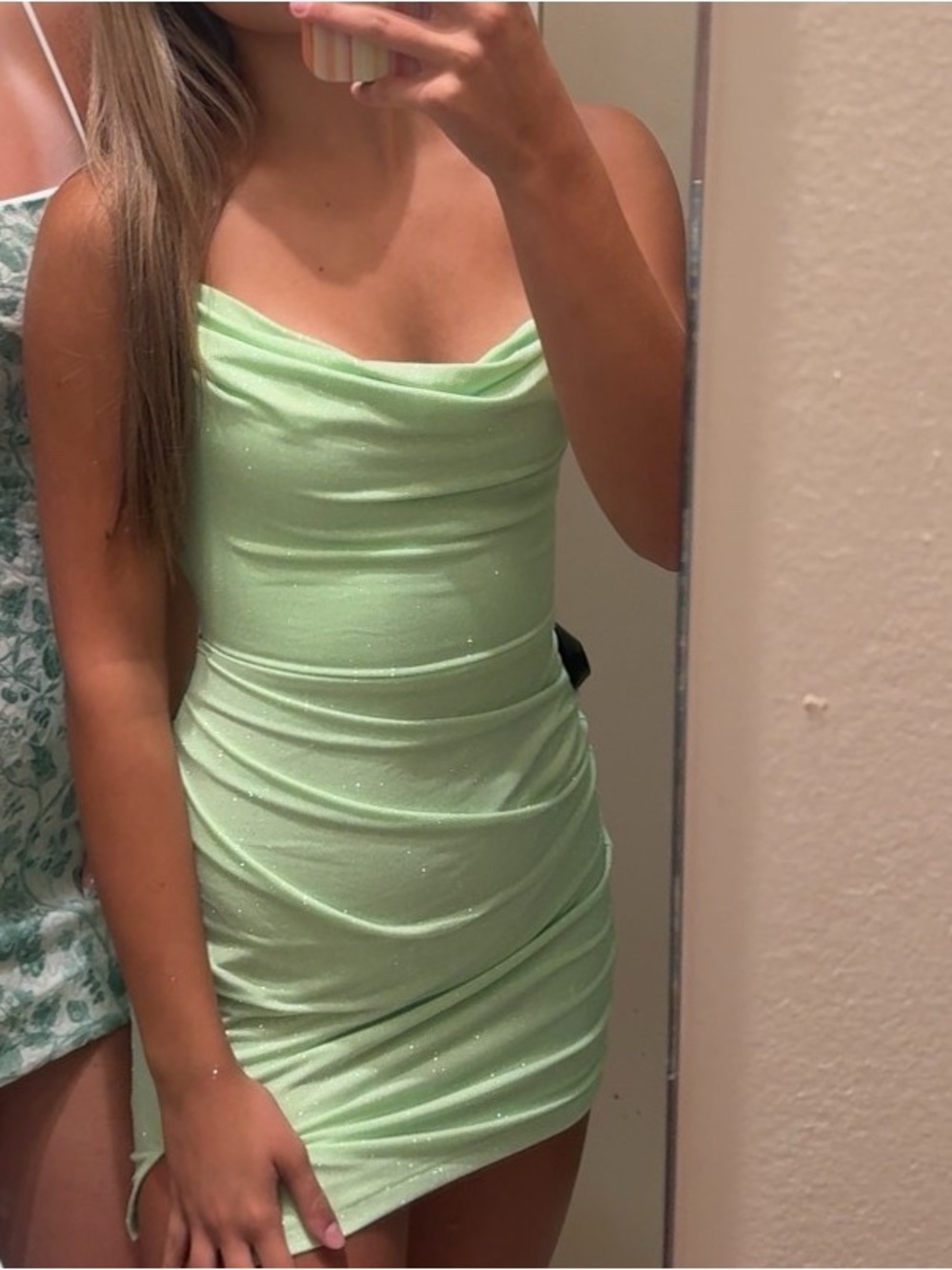 Windsor Light Green Cowl Neck Ruched Mini Dress